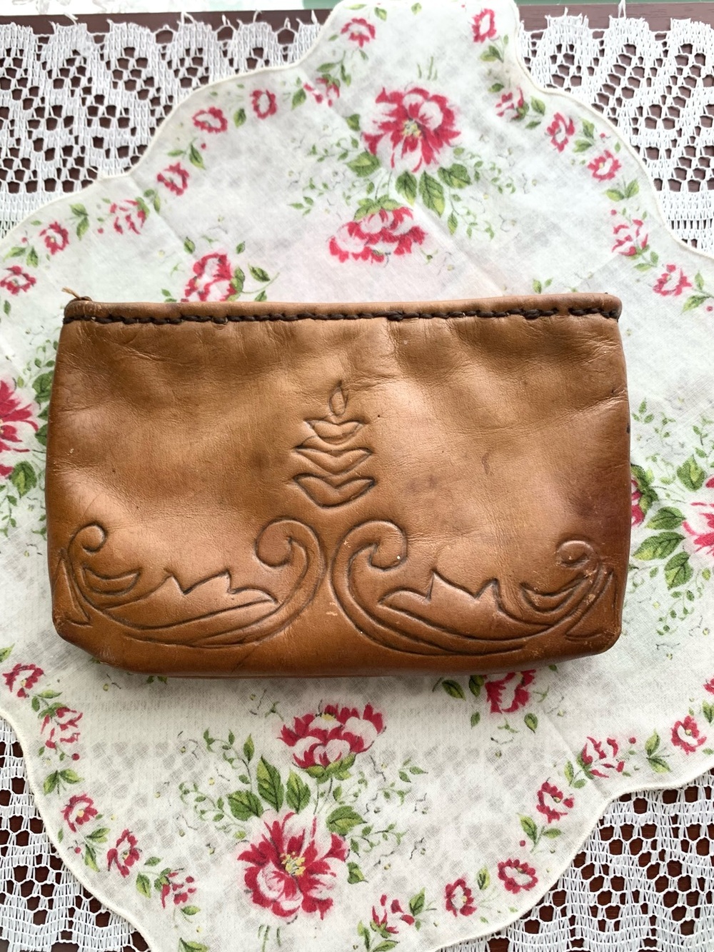 Vintage Leather Stitched Small Zipper Pouch Wallet